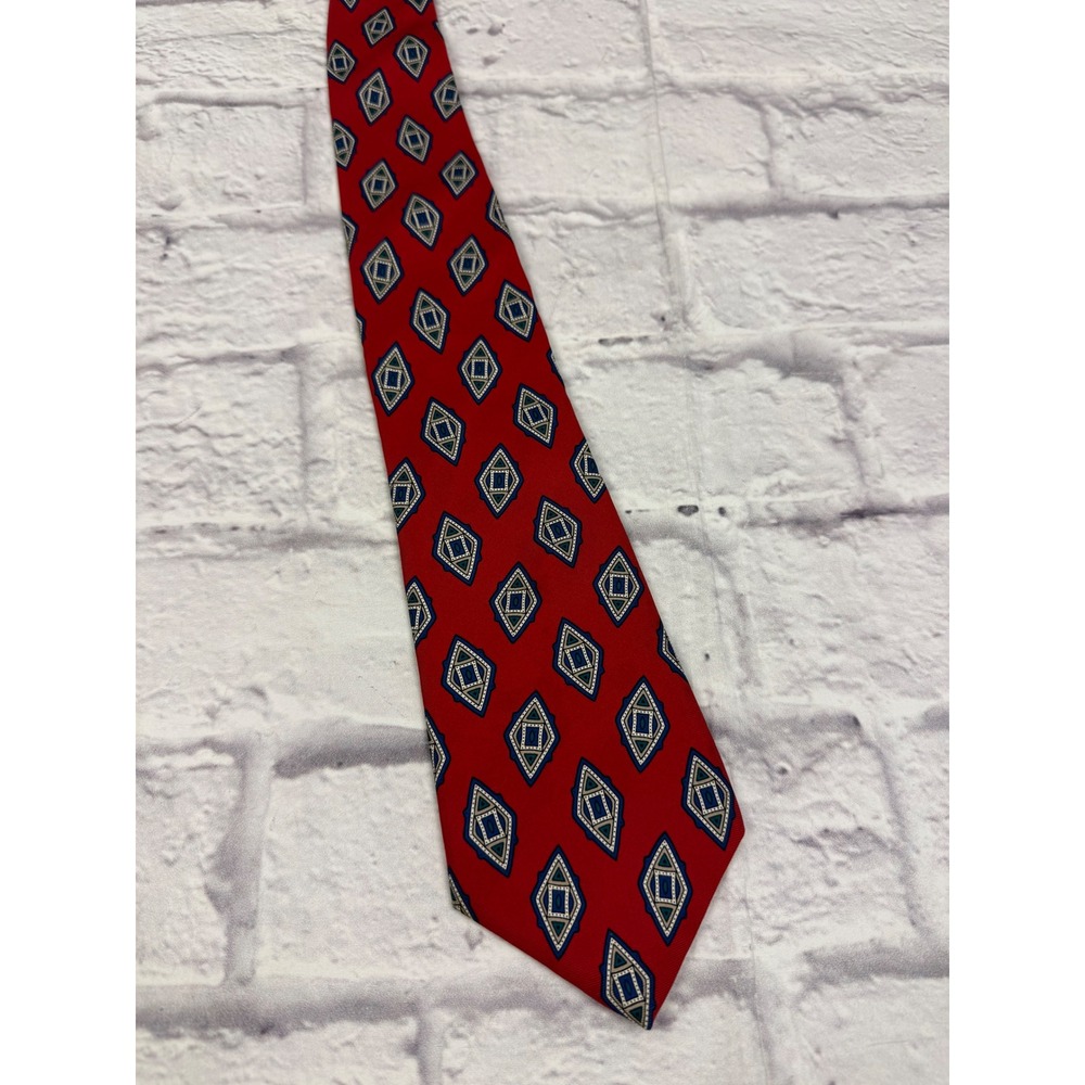 Christian Dior Monsieur Silk Tie Red Navy Geometric Diamond Vintage Made in USA